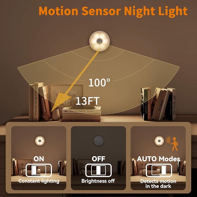 Dawnrise Motion Sensor Night Light Rechargeable (4 Pack), Battery Operated Night Lights with Soft Warm White, Portable Night Light for Bedroom, Stairs, Hallway, Bathroom, Pets House, Cabinet‌,Closet‌