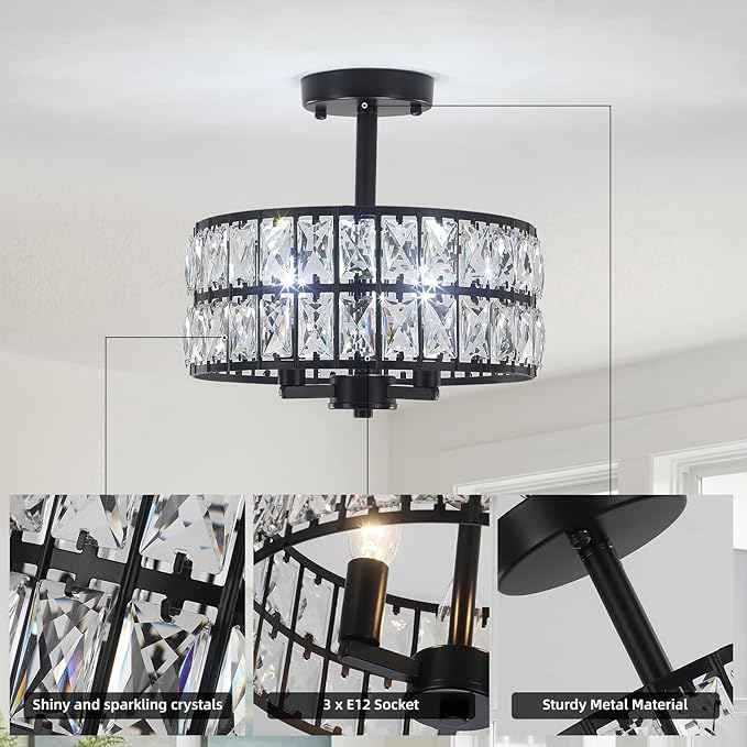 Crystal Ceiling Light Fixture, 12.6" Black Semi Flush Mount Ceiling Lights for Bedroom 3-Lights Modern Farmhouse Drum Round Crystal Chandelier for Entryway, Foyer, Dining Room, Kitchen, Hallway
