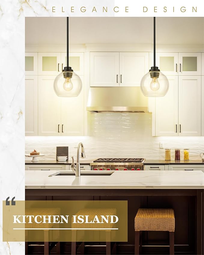 Pendant Lights Kitchen Island 2 Pack, 7" Modern Black Hanging Lights Fixtures with Clear Glass Globe Shade, Kitchen Island Lighting for Bathroom, AD-22280-1P2-BK-C