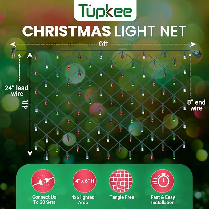 Christmas Light Net – 150 LED Red, Green & Cool-White Mesh Lights - 4 ft x 6 ft – Outdoor/Indoor – Net Lights for Bushes, Hedges or Trees