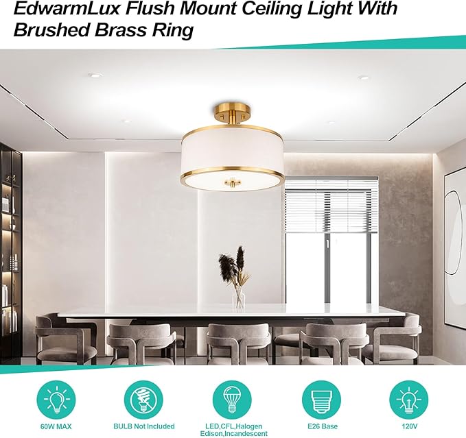 3-Light Semi Flush Mount Ceiling Light Fixture, 12.6" Gold Drum Light with White Fabric Shade, Modern Close to Ceiling Light for Living Room Bedroom Dining Room Kitchen Hallway Entry Foyer