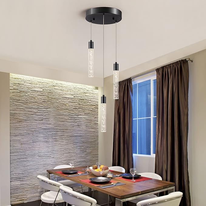 3 Black Pendant Lights Kitchen Island Modern with Adjustable Height - Clear Cylinder Island Lights, 3000-6000K Dimmable Kitchen Pendant Lighting for, Dining Room, Bar Counter