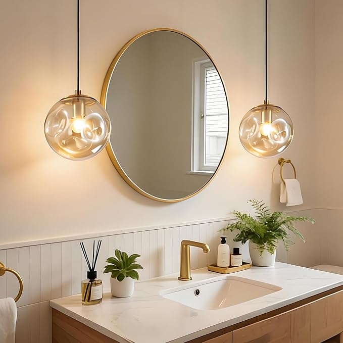 Modern Amber Concave Glass Pendant Light, 2-Pack Kitchen Island Lighting Single Globe Pendant Light Fixtures Century Kitchen Island Pendant Light for Bedroom Dining Room Light (Without Bulbs)