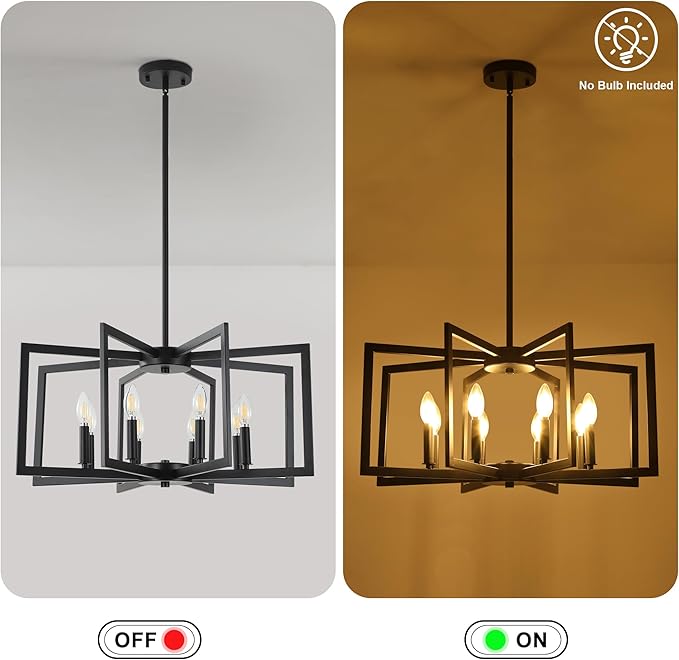 Klgxnrd 8-Light Modern Farmhouse Black Geometric Chandelier, Adjustable Height Dining Room Light Fixtures Over Table, Large Industrial Metal Chandeliers for Dining Room Kitchen Island Entryway