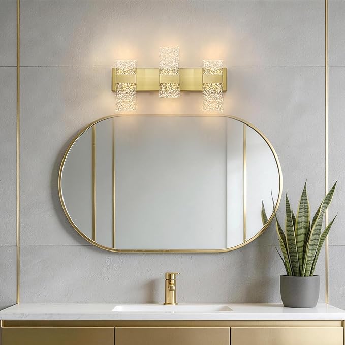 Modern Brushed Gold 6-Lights Bathroom Vanity Light, Eleglant Brass LED Bathroom Light Fixtures over Mirror, Dimmable Acrylic Shade Wall Lighting Fixtures, Hardwired Wall Light(H9.25in, L21.26in)