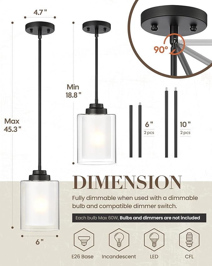 TENGXIN Modern Pendant Light,6 Inch Matte Black Pendant Lights Kitchen Island,Farmhouse Pendant Lighting for Dining Room Bedroom Bar Office,TXPLBK02-L