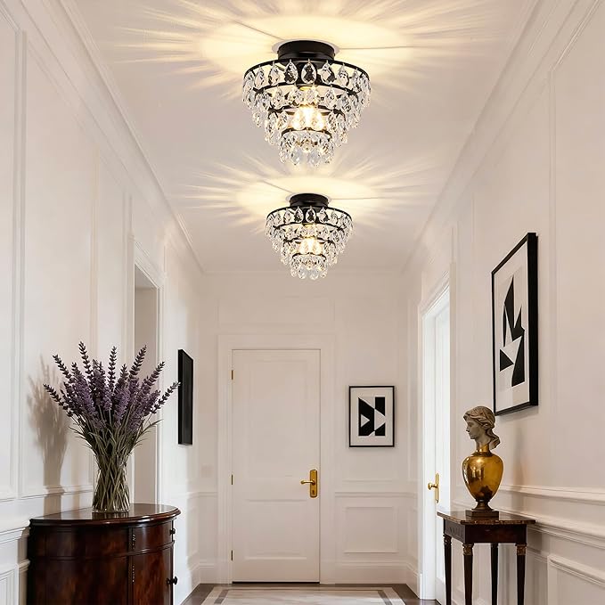 Mayful Modern Crystal Ceiling Light Fixture Black Semi Flush Mount Ceiling Chandelier Mini Ceiling Light for Hallway Bedroom Bathroom Living Room E26
