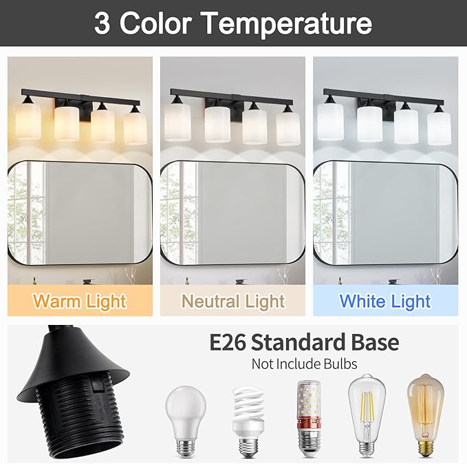 ZHU YAN Bathroom Lights Fixtures Over Mirror,4-Light Vanity Light Fixtures,White Frosted Glass Shades,22 Inches Modern Matte Black Wall Sconces for Bathroom,Bedroom,E26 Base