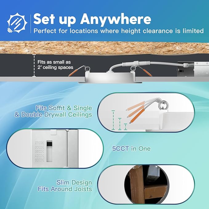 FREELICHT 6 Pack 4 Inch 5CCT Ultra-Thin LED Recessed Ceiling Light with Junction Box, 2700K/3000K/3500K/4000K/5000K Selectable, 700LM Brightness, Dimmable Canless Wafer Downlight, 10WEqv90W-ETL&FCC