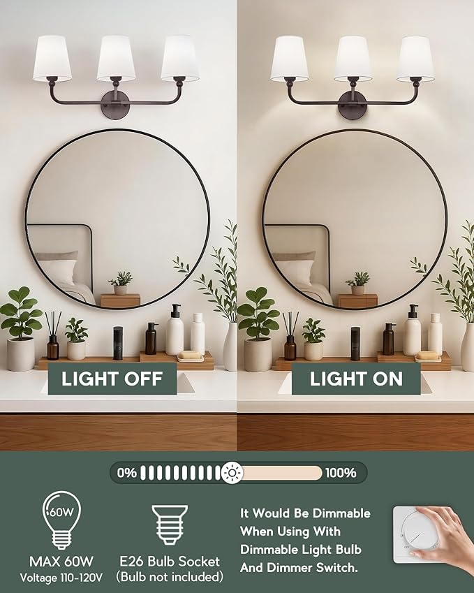 Bathroom Light Fixtures, 3-Light Oil Rubbed Bronze Vanity Lights with Flared White Fabric Shade, Vintage Sconces Wall Lighting for Hallway Bedroom, VL837-ORB-3