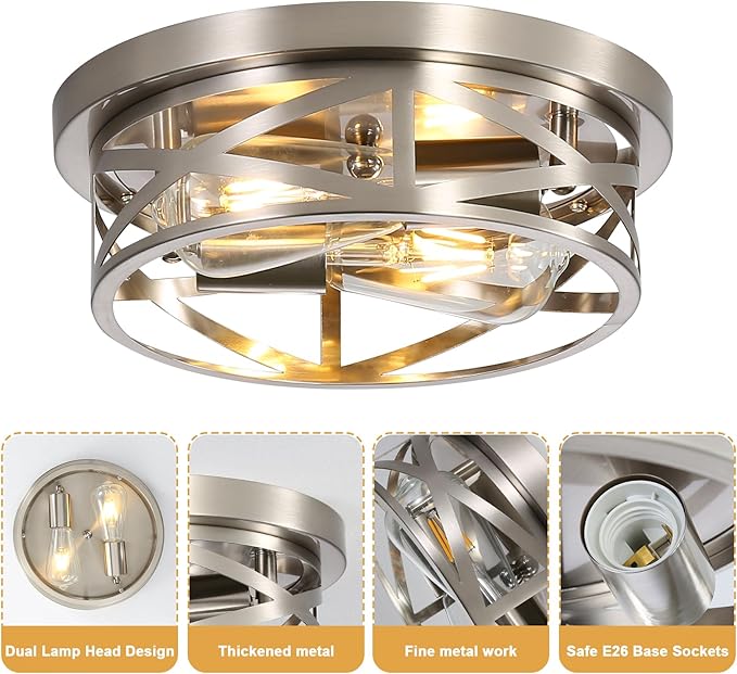 Brushed Nickle Flush Mount Ceiling Light Fixture, 2-Pack Metal Cage Close to Ceiling Lights, Modern 11 Inch E26 Base Indoor Kitchen Ceiling Lights for House Hallway Bedroom