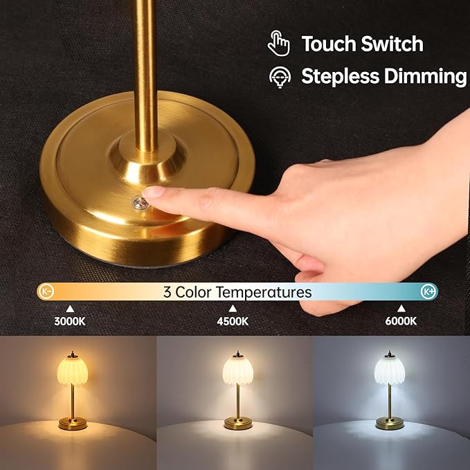 Shenmoyl Set of 2 Tulip Table Lamp with 5000mAh Battery & Touch Control, Cordless Table Lamp with 3 Colors, Dimmable Rechargeable Table Lamps for Bedroom, Living Room, Entryways (White Tulip)