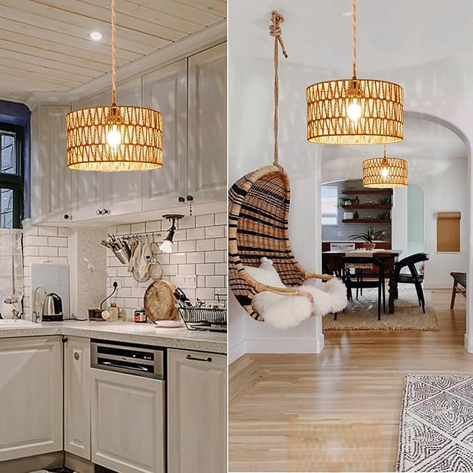Maliralt Hanging Lamps Rattan Pendant Light Hanging Lights 16.4ft Plug in Cord Pendant Light Fixture Plug Into Wall Outlet Pendant Lighting with On Off Switch for Bedroom Living (Cylindrical Shade)