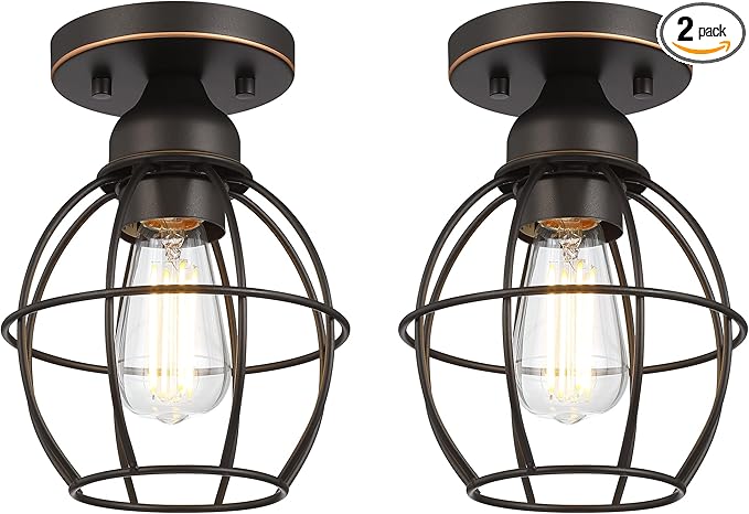 Farmhouse Ceiling Light Fixture, Vintage Semi Flush Mount Ceiling Light, Small Metal Cage Lighting Lamp for Hallway Entryway Kitchen Porch, Oil Rubbed Bronze Finish, 2-Pack