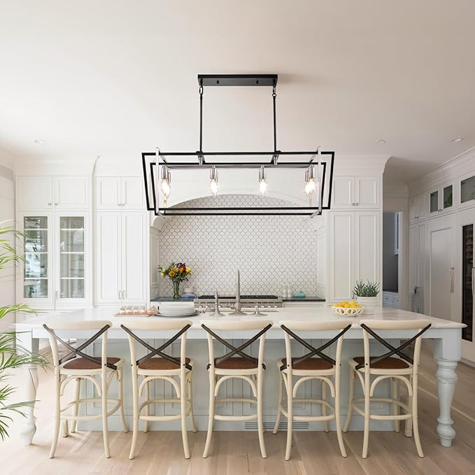 36" Dining Room Light Fixture/Chandelier Over Table, 8-Light Kitchen Island Lighting, Hanging for Farmhouse Linear Chandeliers, Black and Sliver Rectangle Chandeliers for Dining Room,E12 Socket