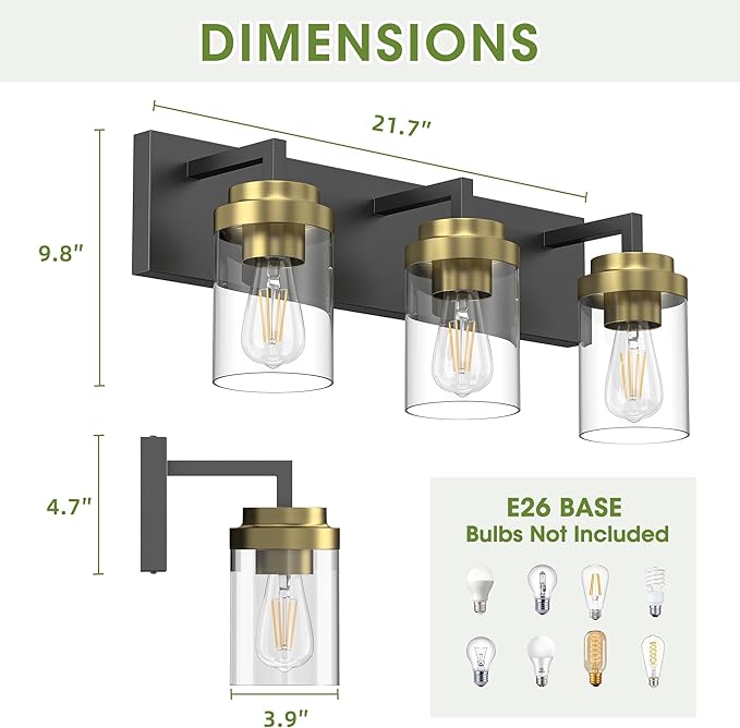 Espird Bathroom Lighting Fixtures, 3-Light Bathroom Vanity Lights Over Mirror, Black and Gold Vanity Light with Glass Shade, Modern Vanity Lighting Fixtures for Bathroom, Bedroom, Hallway