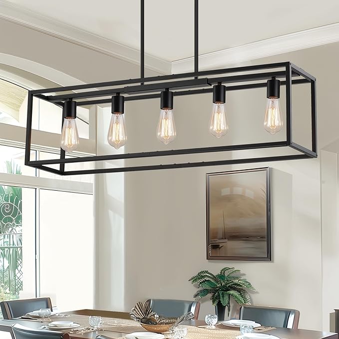 Yusist 5-Light Dining Room Light Fixture,Black Farmhouse Kitchen Island Lighting,Rustic Pendant Light Over Table with Adjustable Rods,Modern Linear Chandeliers for Dining Room Kitchen Island