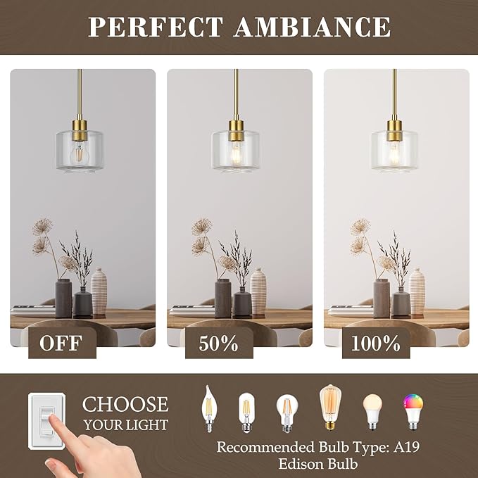 Brushed Gold Pendant Lights Kitchen Island 2 Pack, Modern Clear Glass Hanging Light Fixtures with Rods, Mini Kitchen Pendant Lighting Over Island for Sink Bathroom, OS-YQ8153-2PBGC