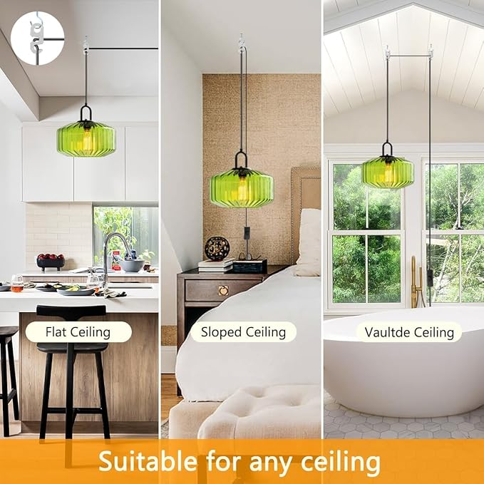 Plug in Pendant Light Green Glass Pendant Lamp Plug in Pendant Light Fixtures Mid Century Modern Hanging Lamp with Cord On/Off Switch Striped Glass Swag Light Dining Room Ceiling Lamp