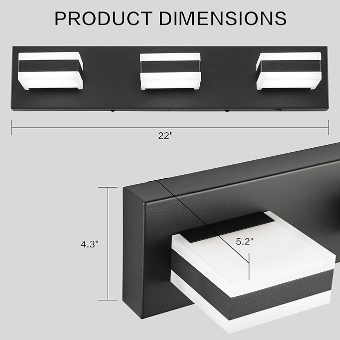 PRESDE 3-Light LED BathroomVanity Light Matte Black Bathroom Light Fixtures Over Mirror Modern Bath Wall Lighting