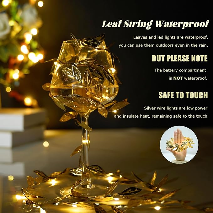 Gold Leaf String Lights Battery Operated, 20LED 6.56ft Fairy Lights with Leaves Vines for Bedroom, Garland Hanging Light for Room Decor Party Wedding Dorm, 2 Pack