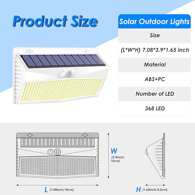 4 Pack 368 LED Solar Lights Outdoor Motion Sensor, Solar Fence Light with 3 Lighting Modes, Solar Powered Security Lights Waterproof for Outside Yard Wall Garden Backyard，White