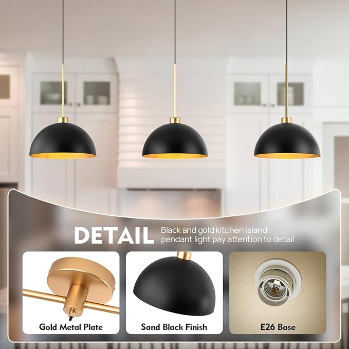 Farmhouse Pendant Lights, 3-Light Black and Gold Dome Pendant Light Fixtures,Industrial Kitchen Island Lighting for Dining Room Bar, E26 Base