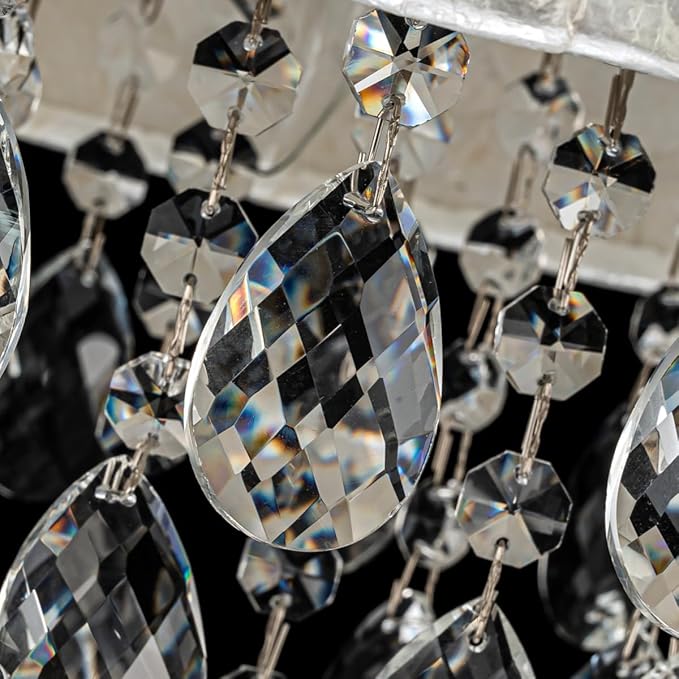 3-Light Capiz Shell Crystal Ceiling Light, Coastal Design Semi-Flushmount Drum Light Fixture for Hallway, Living Room, Bedroom, Clear Crystal & Shell Lampshade & Chrome Finish Frame