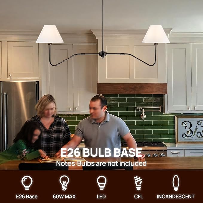 2-Light Modern Linear Chandelier for Dining Room, 55 Inch Farmhouse Kitchen Island Lighting with White Fabric Shades, Hanging Lighting Fixtures for Living Room Bedroom