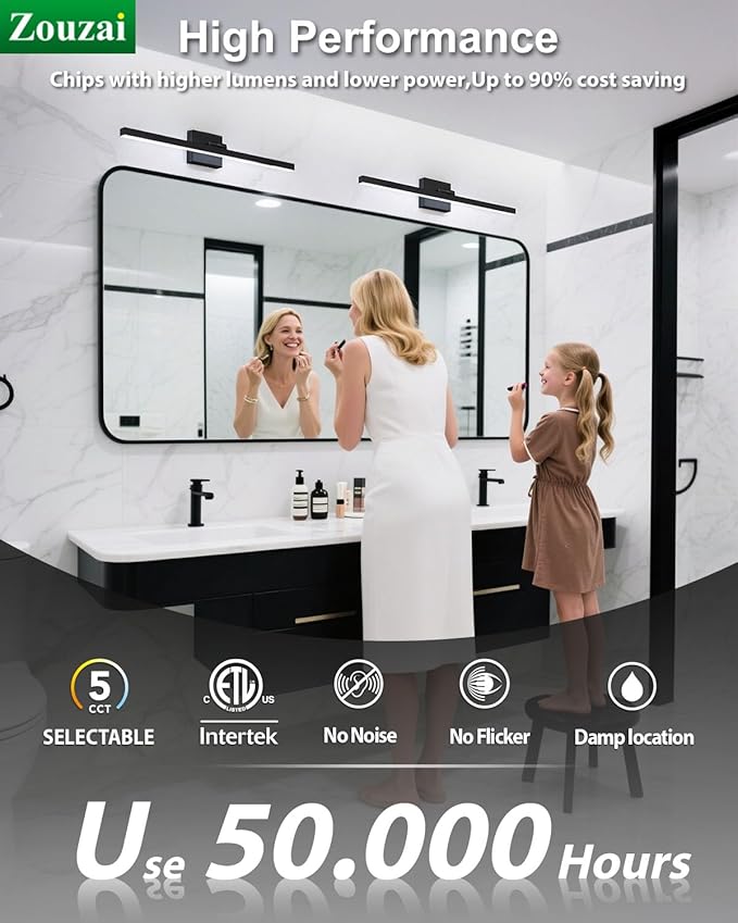 zouzai Second Generation Modern LED Bathroom Vanity Light Bar Black IP44 Over Mirror Bath Wall Fixture 5CCT Adjustable, Dual-Sided, 180° Adjustable Angle (24 inch)