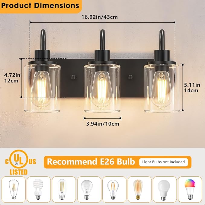 Baocuz 3-Light Bathroom Light Fixtures, Black Vanity Light Farmhouse Wall Sconces with Clear Glass Shade, Modern Bathroom Wall Lamp for Mirror Bedroom Hallway Living Room Cabinet