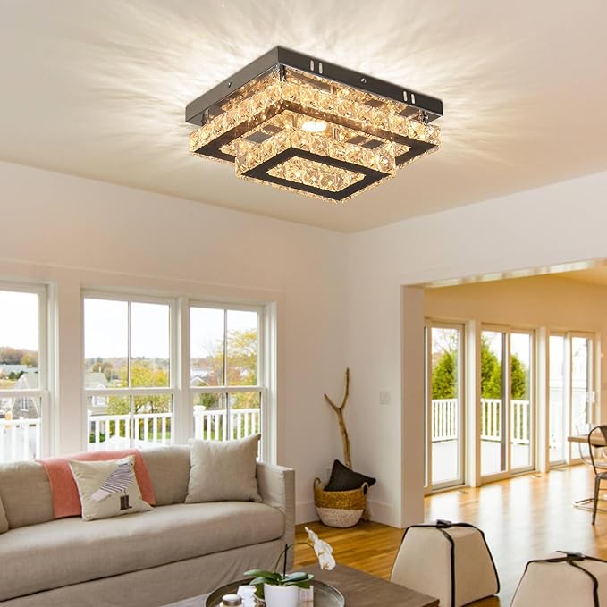 Dimmable Crystal LED Flush Mount Ceiling Light, 11.8"×9.1" Rectangular Close to Ceiling Chandelier, 24W K9 Crystal & Stainless Steel, Remote & App Control, 2700–6500K CCT for Bedroom Living Room