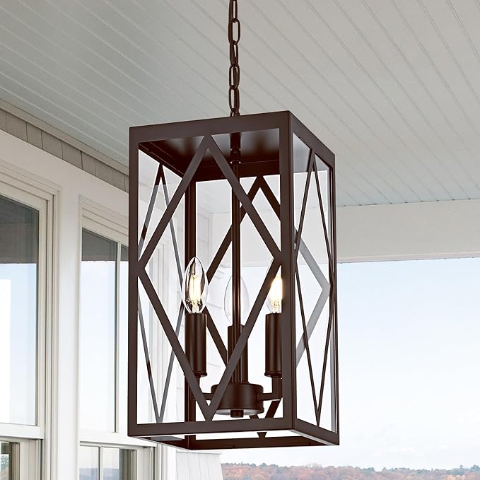 Outdoor Pendant Light Fixture 3-Light, 15.7in Farmhouse Bronze Outdoor Chandelier Hanging Porch Light, Metal Exterior Ceiling Mount Hanging Lantern with Clear Glass for Front Door Entrance