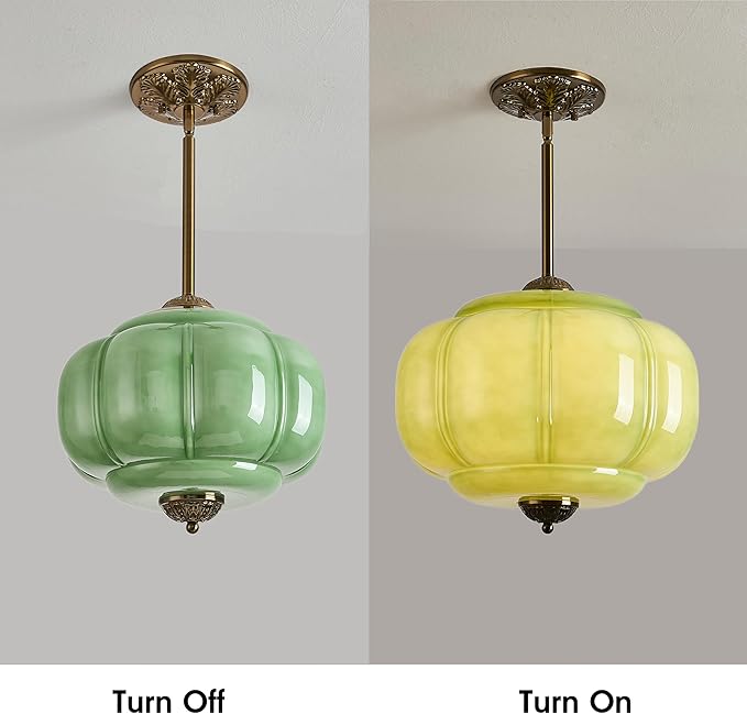 Green Milk Glass Ceiling Light Fixture, 15" Semi Flush Mount Pendant Light with Antique Brass Finish, Schoolhouse Light Fixture - Antique Chandelier for Kitchen, Hallway, Dining Room