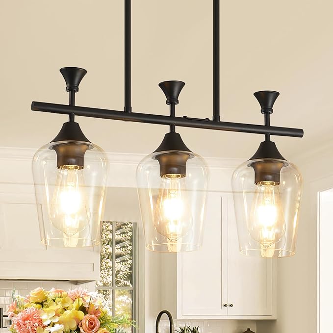 21.2" Dining Room Light Fixture/Chandelier Over Table, 3-Light Matte Black Kitchen Island Lighting with Clear Glass Shade, Modern Hanging Pendant Lights Fixture for Kitchen Island, Dining Room, Bar