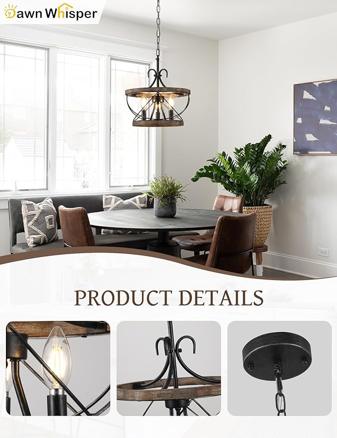 12.9 Inch Farmhouse Chandelier for Dining Room Wood Drum Chandelier Light Fixture Over Table 3*E12 Hanging Lamp for Kitchen Entry