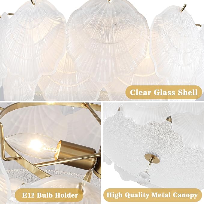 ETONIMERR 19.7'' Modern Glass Chandelier for Dining Room, Gold Semi Flush Mount Ceiling Light with Glass Shell Petals, 3 Light Flower Chandelier for Bedroom Living Room Hallway Entryway
