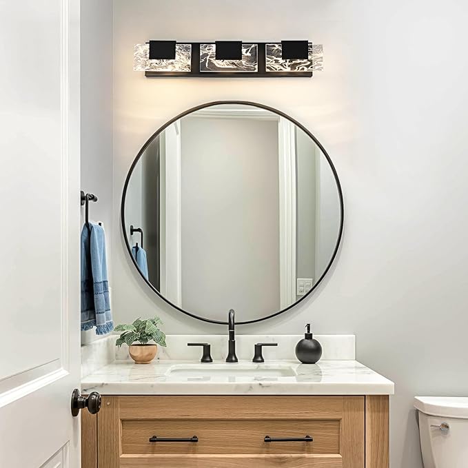 LED Bathroom Vanity Light: 24in Matte Black Acrylic Modern Lighting Fixtures - 3-Light Contemporary Smoke Design Wall Lights Fixture Over Mirror 3000K