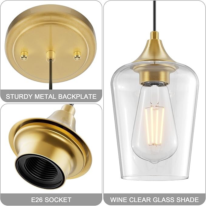 Ralbay Farmhouse Brushed Gold Pendant Light 2-Pack, Pendant Light Fixtures with Wine Clear Glass Shade, Kitchen Island Lighting for Dining Room, Rustic Adjustable Hanging Lighting Fixture