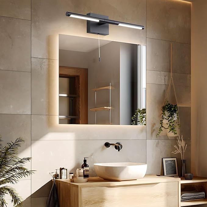 24 Inch Black LED Bar Bathroom Vanity Light,360° Rotatable Vanity Light Fixtures with Pull Chain Over Mirror,4000K Modern Bathroom Sconces Wall Lighting Picture Light