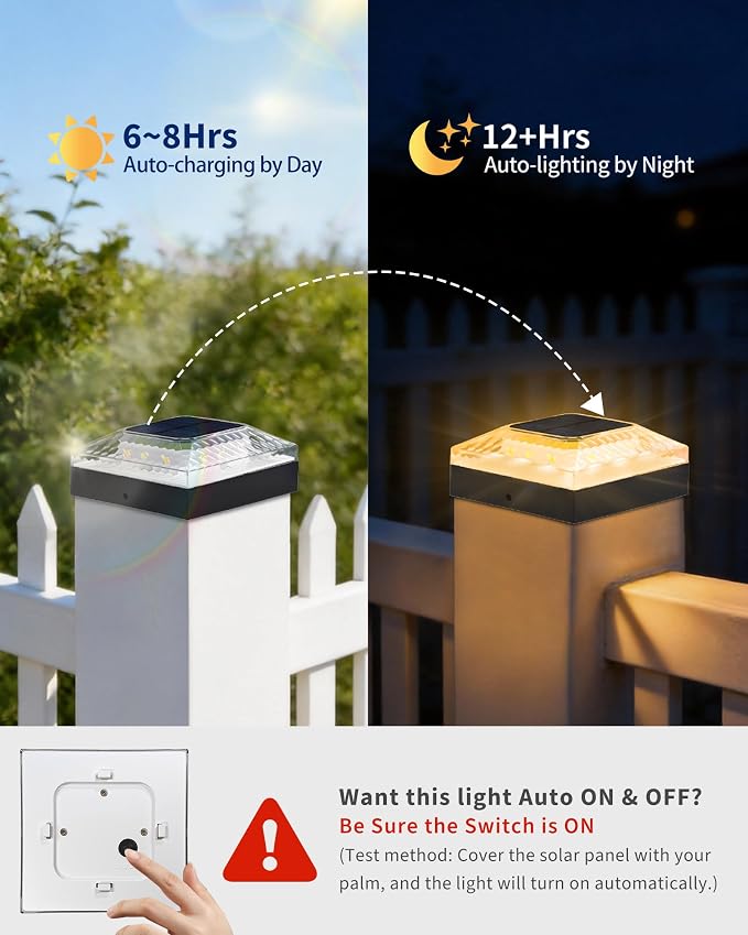 4x4 Post Solar Lights, 3 Colors Fence Light Solar Powered, 2 Brightness Solar Post Cap Lights Waterproof for Wood/Vinyl Posts, Garden, Patio, Deck, Hammered Light, 4 Pack