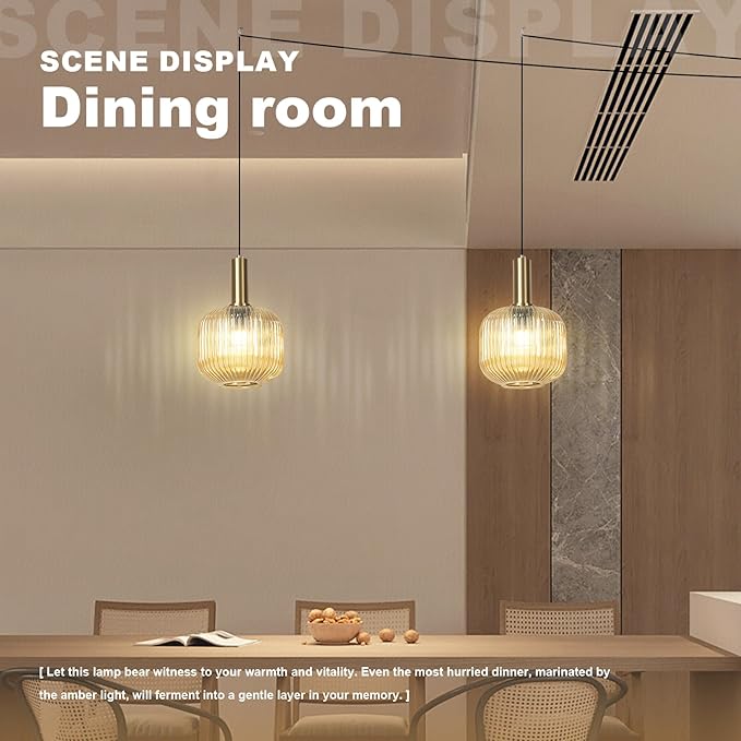 Amber Glass Plug in Pendant Light 2 Pack, Mid-Century Modern Gold Hanging Lamp, Ribbed Globe Hanging Light Plug in Swag Lights for Kitchen Island, Dining Room, Living Room, Bedroom