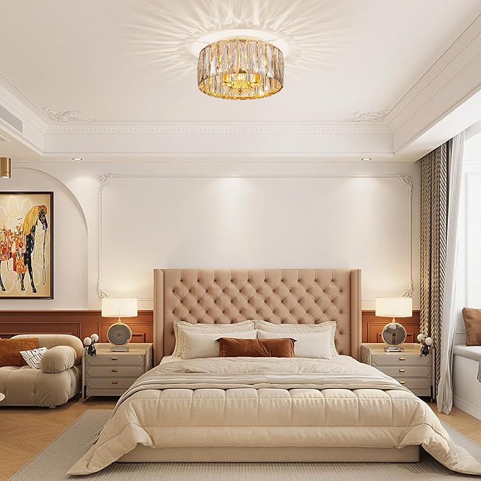 Crystal Ceiling Light, 3-Light Modern Flushmount Ceiling Light for Living Room, Dinning Room Hallway, D12xH9inch, Gold Finish Frame & Champagne K9 Crystal
