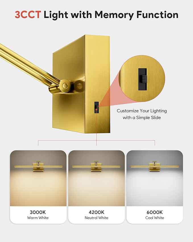 VONLUCE 24" LED Bathroom Vanity Light, 3CCT Modern LED Vanity Lights with 360° Rotatable Head & Swing Arm, 10.3W Bathroom Light Fixture Over Mirror, LED Lights for Bathroom Bedroom, Brushed Gold