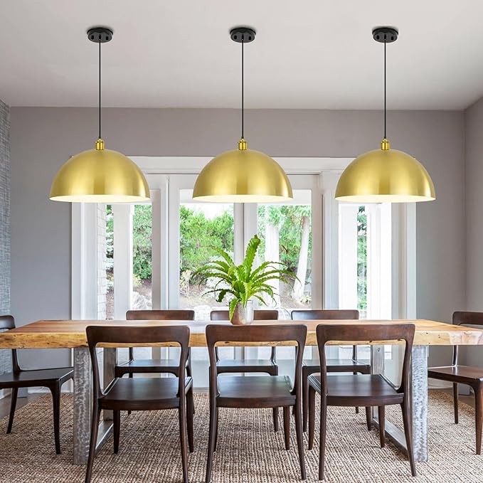 Gold Pendant Light, 20" Farmhouse Ceiling Light with Gold and White, Elegant Semi-Circular Shade Design, Adjustable Height Industrial Dome Pendant Lights for Kitchen Island, Dining Room