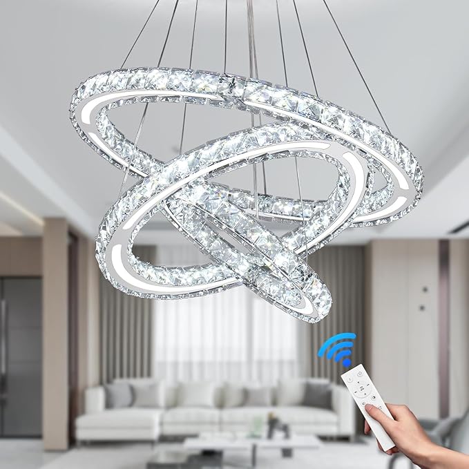 CXGLEAMING Modern Chandeliers Crystal Ceiling Light 3 Rings Dimmable LED Pendant Light Fixture Ceiling Hanging for Living Room Dining Room Bedroom Kitchen 250mm Base 209 Crystals(Dimmable)