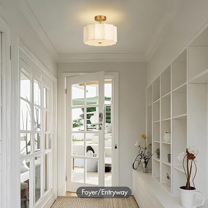 13 Inch Modern Linen Petal Ceiling Light Fixture, Semi Flush Mount Drum Light for Bedroom Kitchen Dining Room Entryway, Fabric Lighting Lamp in Gold for Farmhouse Hallway Closet
