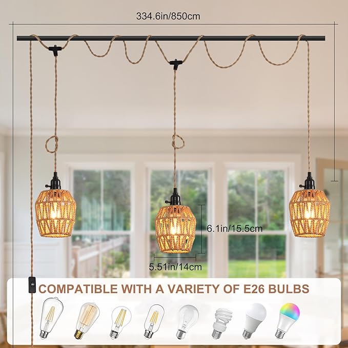 3 Light Plug in Pendant Light Rattan Hanging Lights with Switch 22FT Industrial Ceiling Light,Plug in Cord with Woven Hemp Rope Lamp Shade, Hanging Lamp Cord Farmhouse Cable DIY