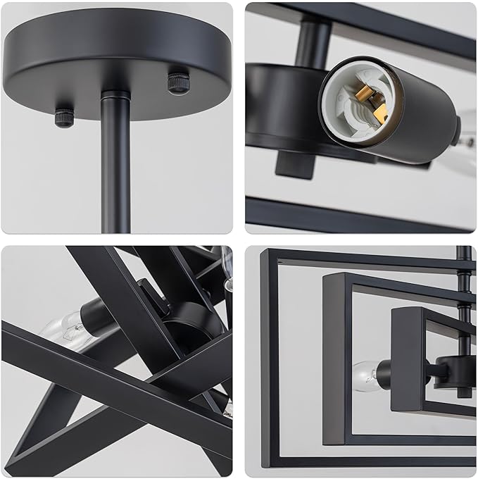 Modern Semi Flush Mount Ceiling Light, 3-Light Black Geometric Square Close to Ceiling Light Fixture, E12 Base Farmhouse Lighting for Hallway Foyer Bedroom