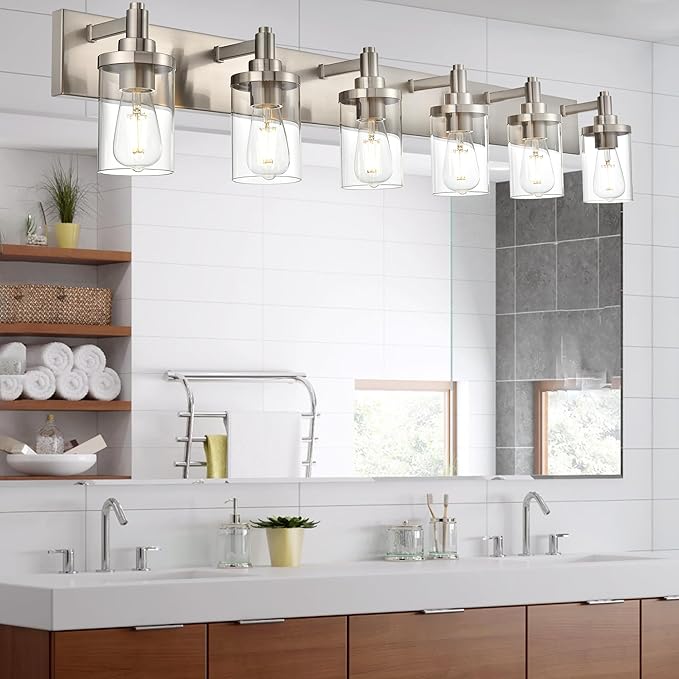 6-Light Vanity Light Fixture Modern Bathroom Light Fixtures Over Mirror, Brushed Nickel Finish with Clear Glass Wall Sconces Lighting for Bathroom Mirror Bedroom Kitchen Corridor Staircase